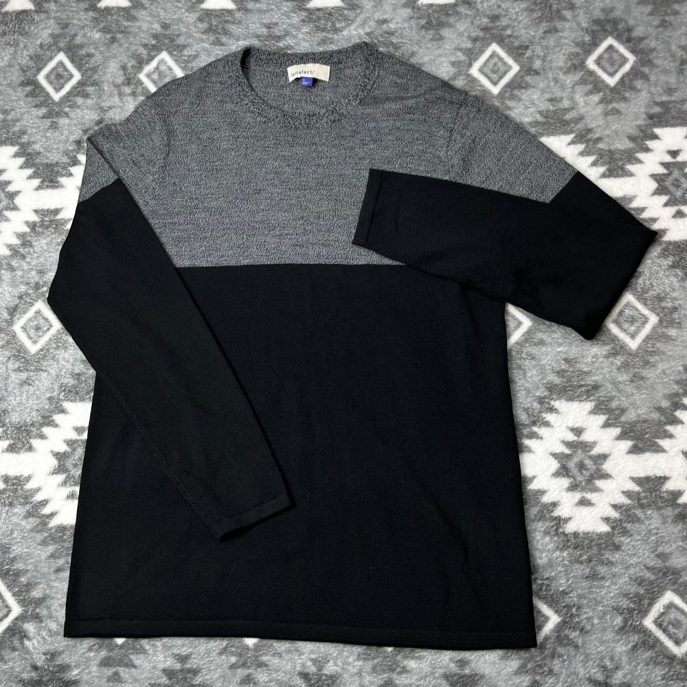 Artefact Mens Merino Wool Colorblock Sweater Grey Black Long Sleeve Medium